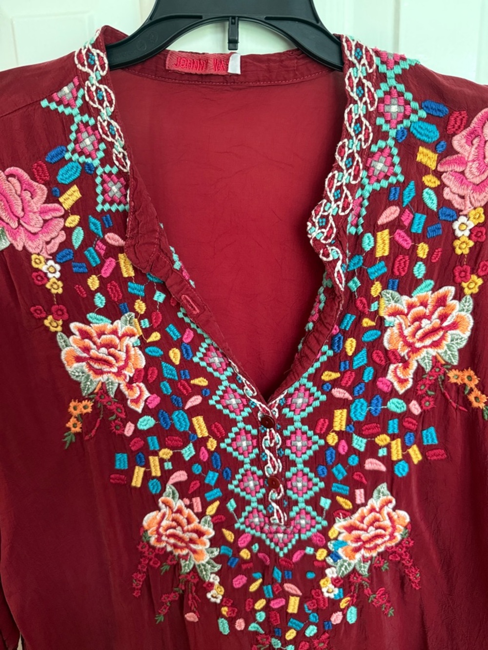Women's Embroidered V-Neck Tunic Top - Red - Picture 2 of 3
